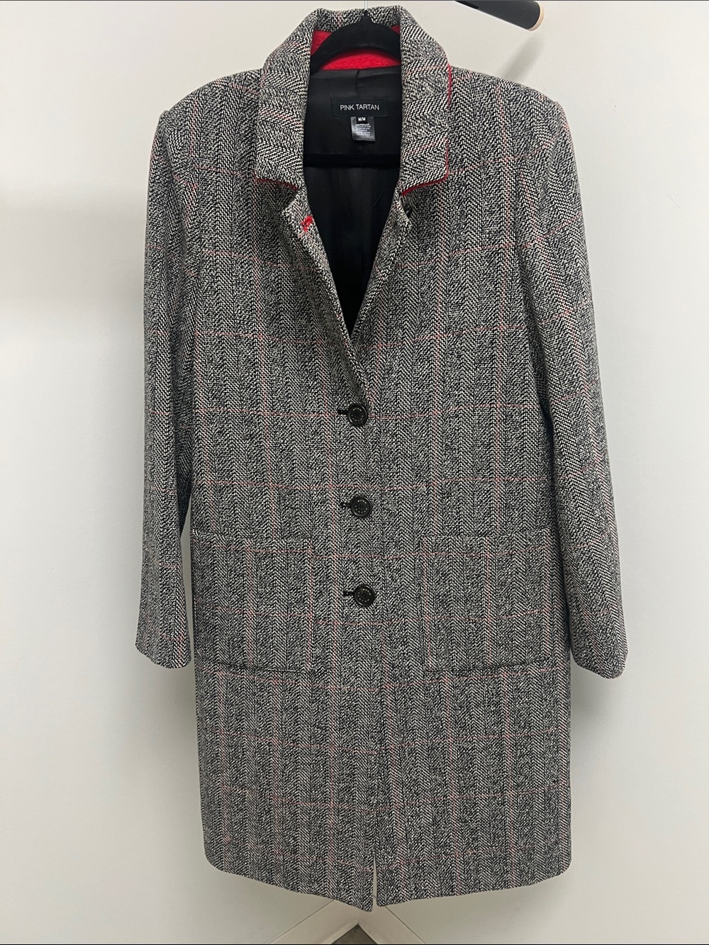 Pink Tartan Gray Wool Coat with Red Windowpane Trim